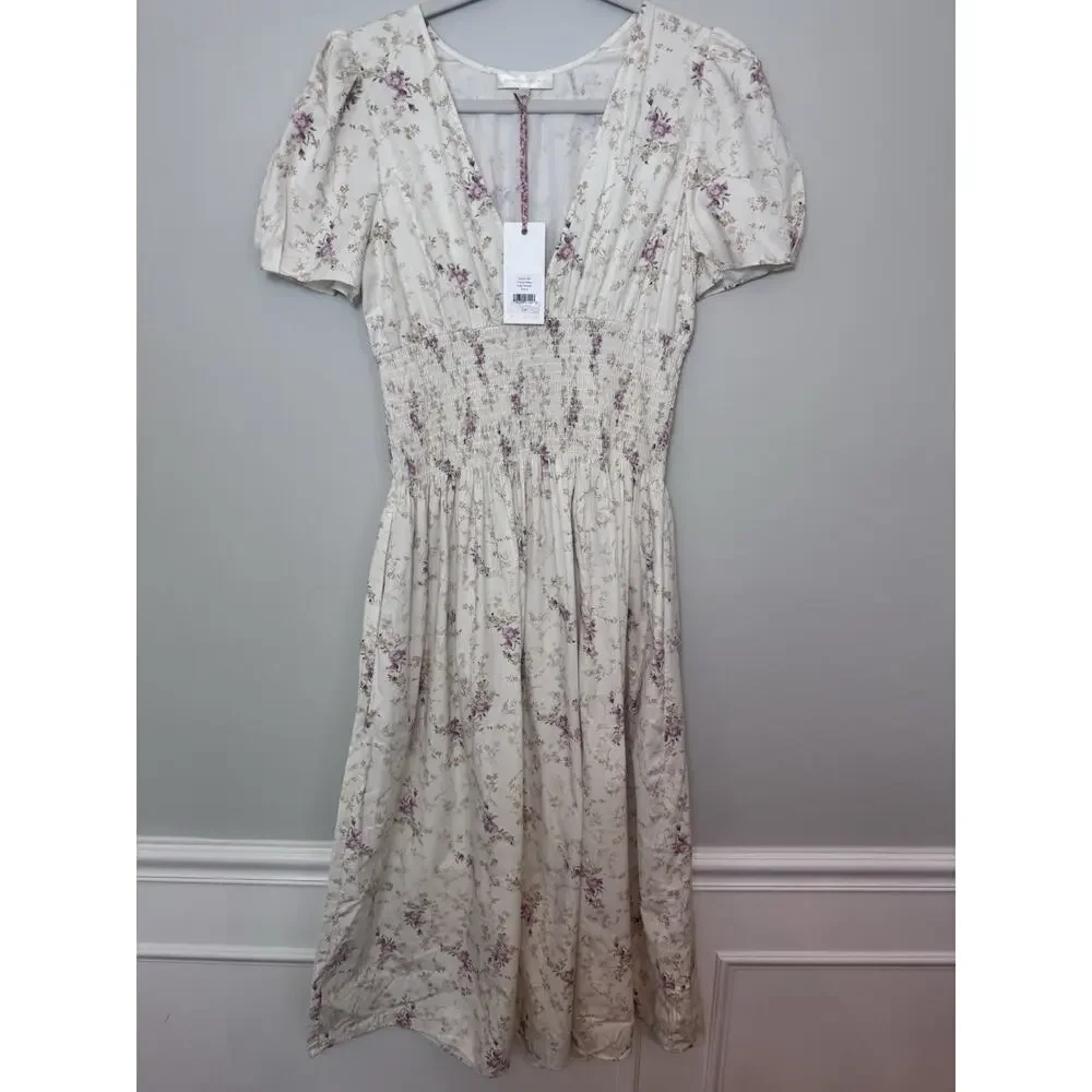 LoveShackFancy Cream Floral Midi Dress with Pink Bouquet Print - Picture 2 of 16